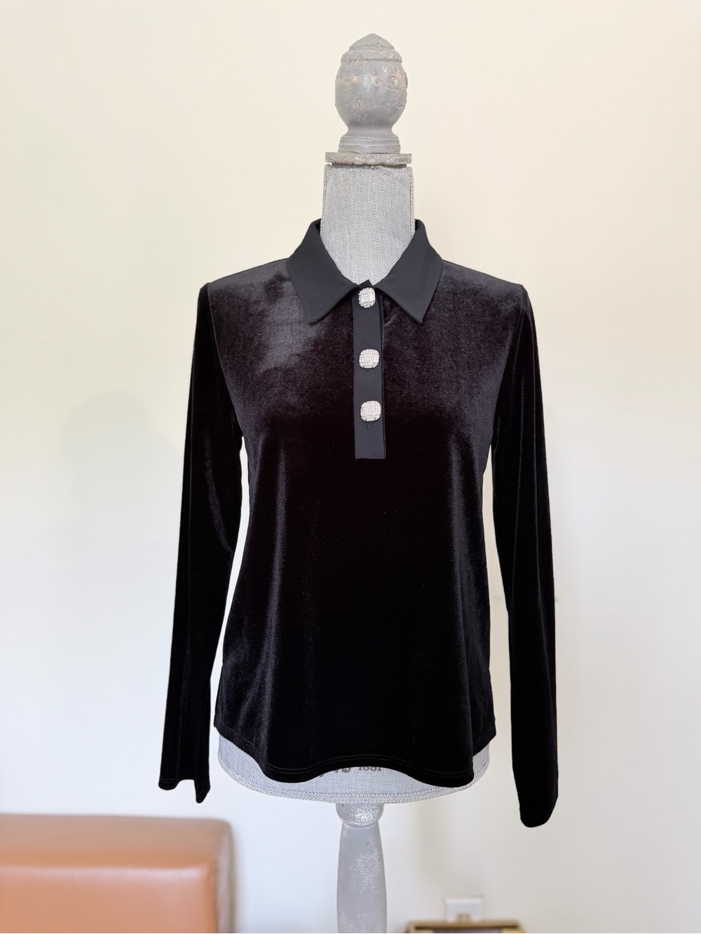 Jude Connally Black Velvet Long-Sleeve Polo with Rhinestone Buttons